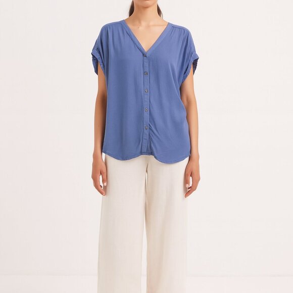 Orvis Blue Button Up Tunic Top Boho M Drapey Lightweight - Picture 1 of 7